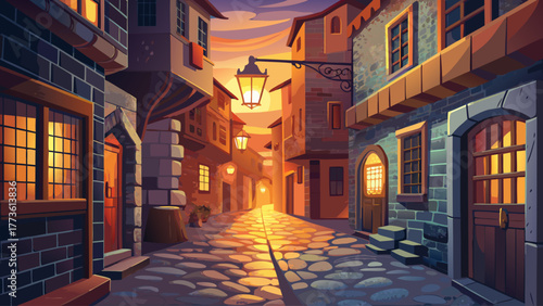 vector of a narrow European alley with stone walls, lanterns glowing at dusk, warm nostalgic vintage city feeling