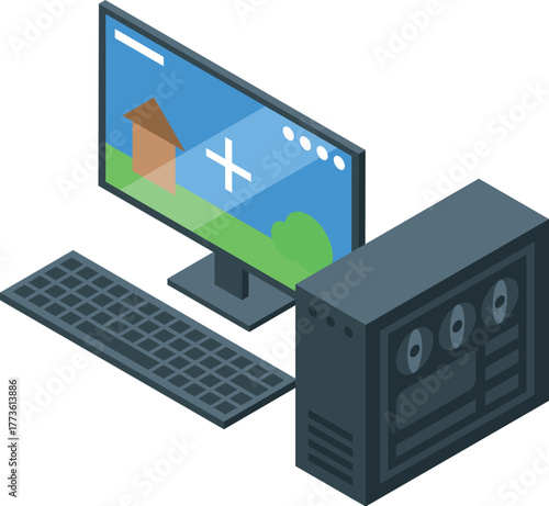 Desktop computer displaying house building software, enabling architects and designers to create virtual models