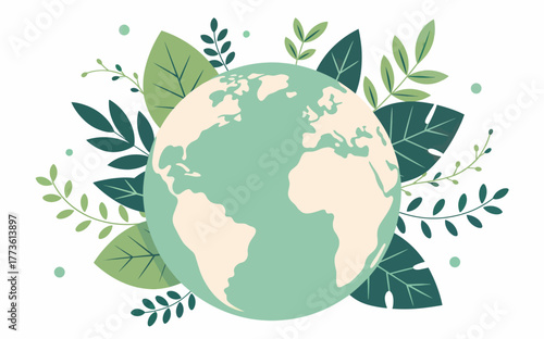 Illustrated Earth Globe surrounded by Green Foliage Emphasizing Environmental Awareness and Sustainability Concept for a Greener Future