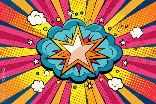 Comic Book Explosion Star Burst Pop Art Background with Colorful Rays and Clouds