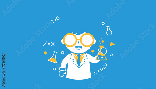 A quirky avatar of a scientist with wild hair and oversized goggles surrounded by beakers and equations in a lively lab scene.