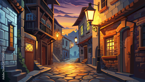 vector of a narrow European alley with stone walls, lanterns glowing at dusk, warm nostalgic vintage city feeling