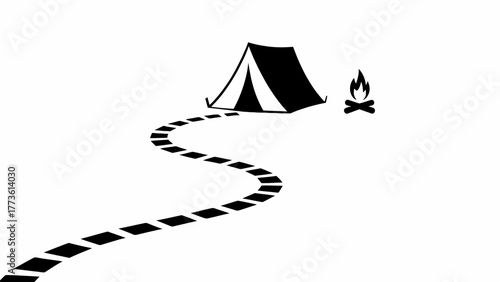 Minimalist camping illustration with tent campfire and trail depicting outdoor adventure and nature exploration in monochrome