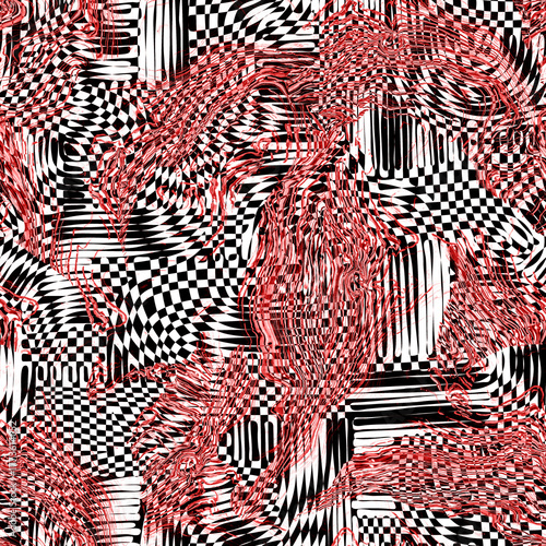 Surreal geometrical abstract seamless pattern in red black tones. Psychedelic background for interior decor, wallpaper, wall panel, textile, poster, web banner, mobile apps, image of blog. 