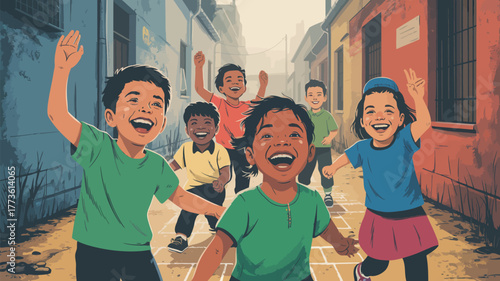 A group of happy children playing hopscotch in a street with colorful buildings and waving their hands