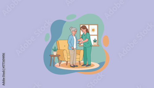 Caregiver helps senior woman at home Illustration of assistance retirement support and healthcare