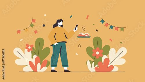 Woman uses phone to photograph hot food at a festive garden party