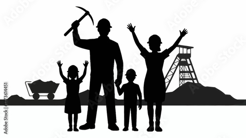 Mining Family Silhouette Celebrating Success with Mine Tower and Ore Cart in Background Illustrating the Mining Industry and Community