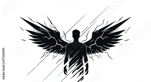 Mysterious silhouette with powerful, stylized wings and radiating energy.