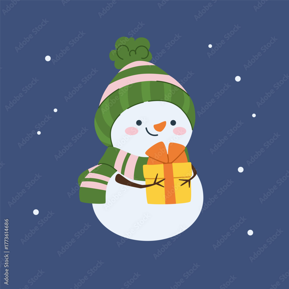 Naklejka premium Snowman in a hat and scarf. Happy winter character. Cute white children's character. Characters for celebrating Christmas and New Year. Vector illustration