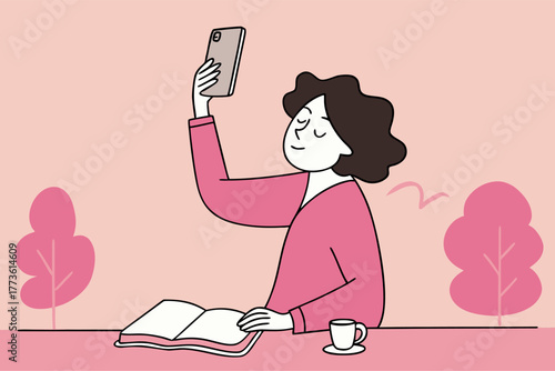 Woman Multitasking: Reading Book and Using Smartphone in Pink Ambiance