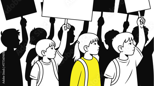 Children with signs protesting in black and white with one child in yellow standing out in the crowd
