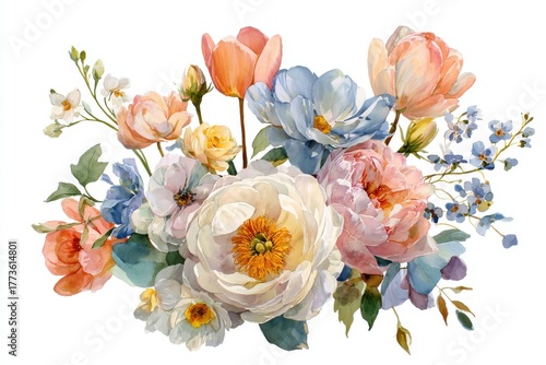 Stunning watercolor bouquet featuring peonies, roses, tulips, and delicate greenery on a clean white background for floral themes and design projects