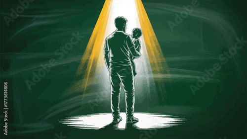 A father holding a baby standing in a spotlight with a dark green background and white light effect