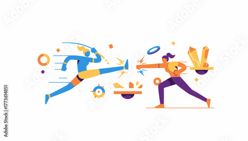 A virtual reality fitness game where users engage in a highenergy workout swinging their arms and legs in an animated environment that adapts to their movements.