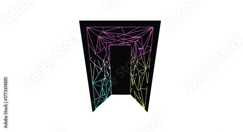 Abstract geometric portal with glowing neon lines creating an entrance to a dark mysterious space.