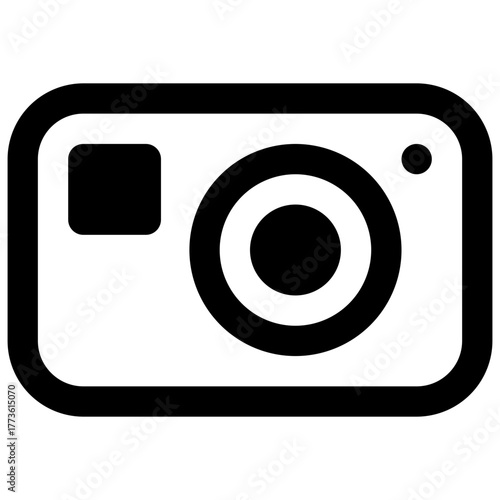 compact camera. Outlined stroke vector icon with black-filled details.