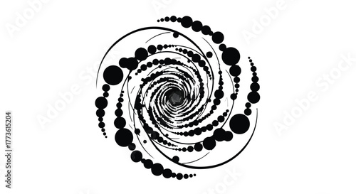 Abstract swirling vortex of black dots and lines creating a sense of cosmic movement and depth