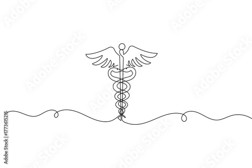 Caduceus one line drawing minimalist style medical symbol vector illustration on white background
