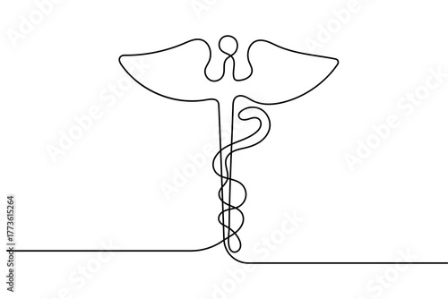 Caduceus one line drawing minimalist style medical symbol vector illustration on white background
