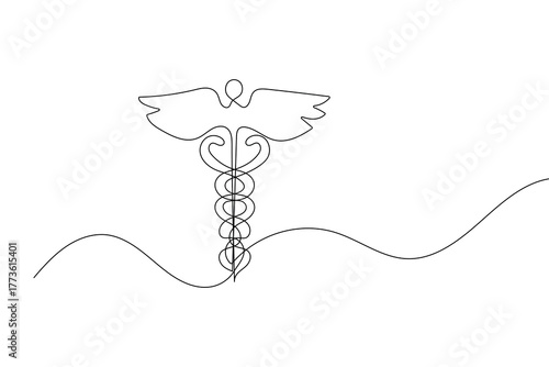 Caduceus one line drawing minimalist style medical symbol vector illustration on white background
