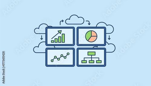 An array of digital screens showing analytics dashboards fed by cloudbased data representing insights gained from cloudstored information.