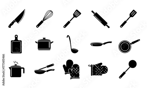 Set of Black Cooking Tools and Kitchen Utensils Silhouette Icons