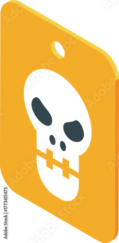 Skull with jaw wired shut depicted on yellow label in isometric view
