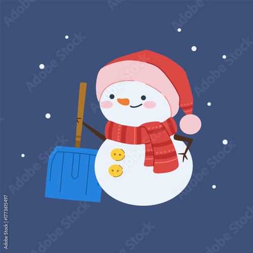Snowman with a shovel, wearing a hat and scarf. White winter character. Characters for celebrating Christmas and New Year. Vector illustration