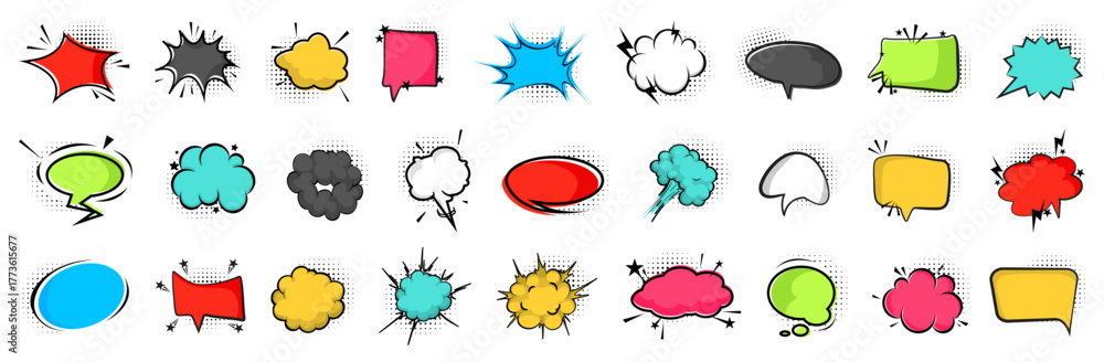 Naklejka premium Quote bubble collection in colorful pop art style. Variety of comic speech and thought clouds for dialogue and expression