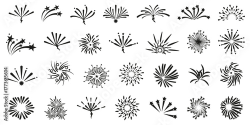 Set of firework icons. Confetti, salute, petard, firework icons in black. Fireworks logo