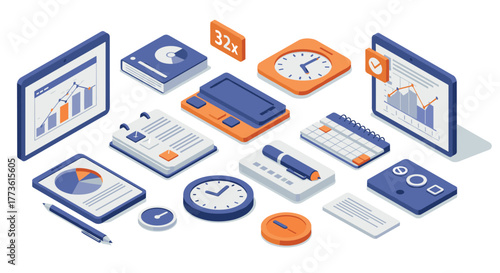 Isometric office supplies with business analytics and time management tools