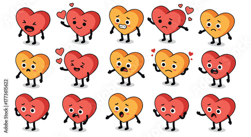 Cute cartoon hearts expressing various emotions with playful faces