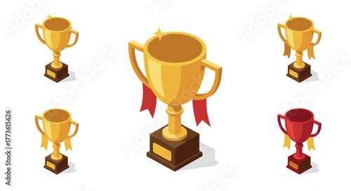 Isometric golden and red trophy collection with ribbons on white background