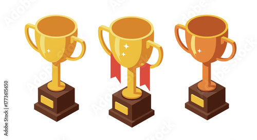 Isometric gold, silver, and bronze trophies on pedestals with shiny details