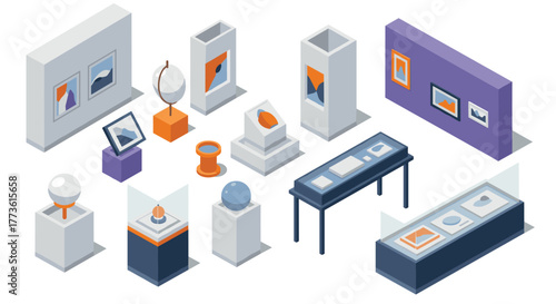 Isometric art gallery exhibition with modern sculptures and paintings