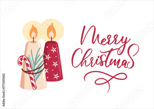 A festive vector illustration featuring Christmas candles, candy canes, and colorful lollipops arranged in a playful, cozy scene. Bright, crisp lines with soft shadows