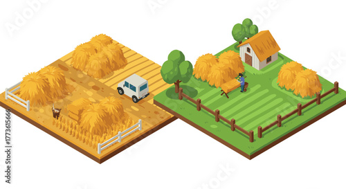 Isometric farm scene with haystacks and farmer in field