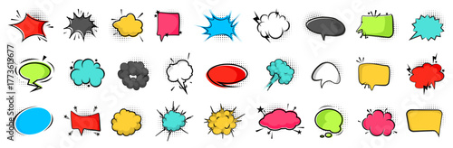 Quote bubble collection in colorful pop art style. Variety of comic speech and thought clouds for dialogue and expression