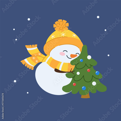 Cute snowman hugging a Christmas tree. Kawaii white winter character. Characters for celebrating Christmas and New Year. Vector illustration