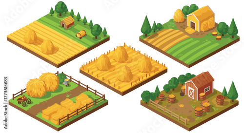 Isometric farm scenes: colorful harvest fields and barns