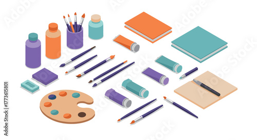 Creative art supplies in isometric style for modern designers