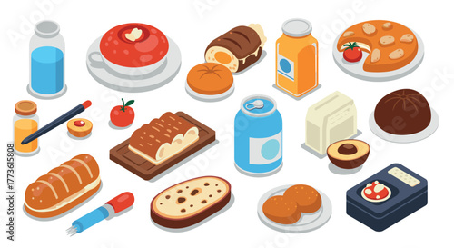 Isometric breakfast assortment with drinks and baked goods