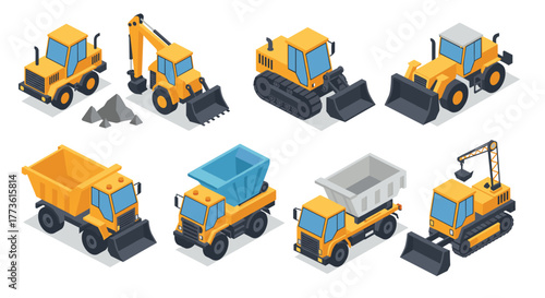 Isometric construction vehicles set featuring bulldozer, excavator, and dump truck designs