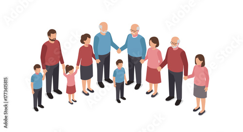 Isometric family gathering: multigenerational people holding hands in a circle