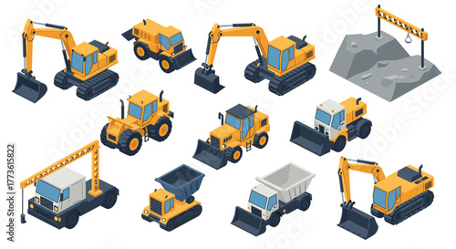 Isometric construction machinery set with excavators, trucks, and cranes for industrial projects