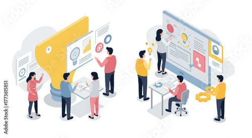 Collaborative teamwork and data analysis in modern office setting