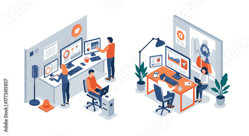 Collaborative office workspace design with isometric team meeting and remote work elements