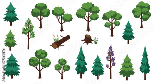 Diverse collection of stylized trees and nature elements for outdoor themed designs