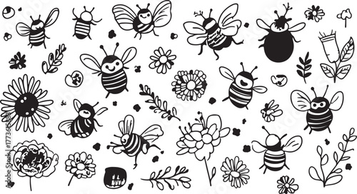 A colorful vector set of funny insects and bird silhouettes for a seamless floral pattern design or spring wallpaper illustration